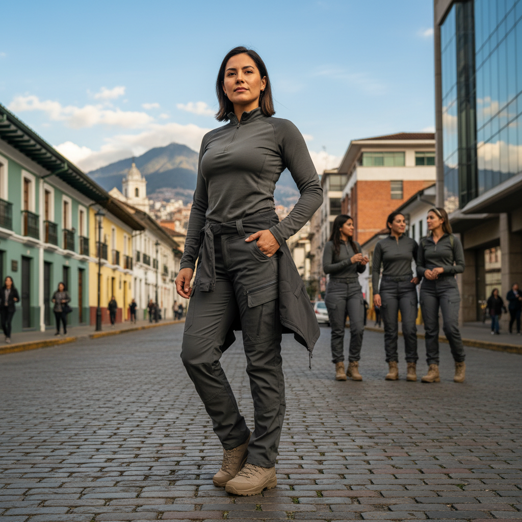 Pantalón Táctico Mujer de alta resistencia en uso en un entorno urbano de Bogotá
