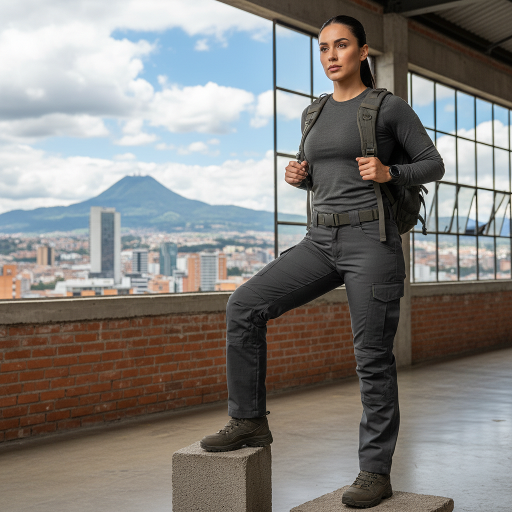 Mujer utilizando pantalón táctico para senderismo en un paisaje colombiano